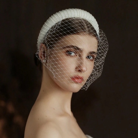 French Netting Birdcage Headband Veil with Pearl - Picture 1 of 5